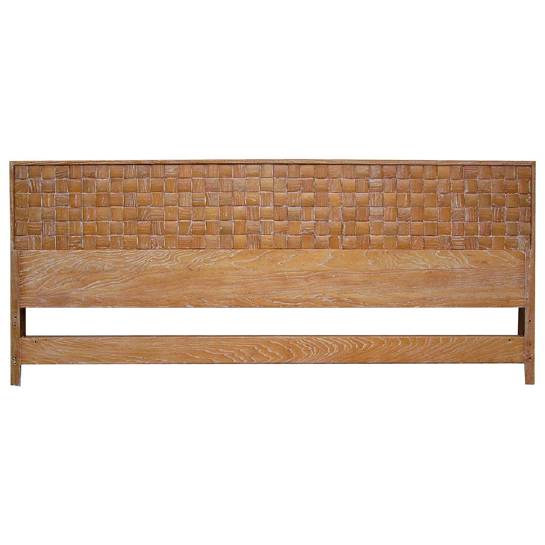 Paul Laszlo Basket Weave King-Size Headboard: A king-size headboard designed by Paul Laszlo for Brown Saltman. Features iconic signature woven pattern. MFG Stamp on backside. Natural oak wood with cerused finish in the grain. Price $3,800 Pe