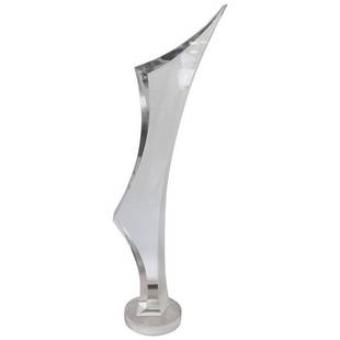 Tall Lucite Sculpture by Joseph Alan Hough: This one-of-a-kind sculpture was carved from a single piece of crystal clear Lucite. The base of the clear Lucite piece is signed "J. Alan Hough. Joseph Alan Hough is a Californian artist who