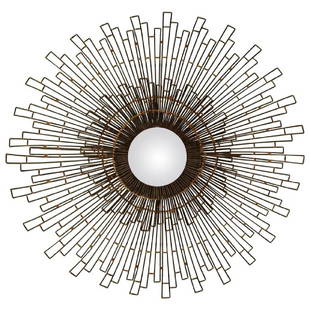 1960s Metal Sunburst Wall Art Mirror: Two-tiered metal wall art in a distinctly 1960s style resembles a sunburst. Reflective chrome centre. When mounted, this piece will be about 6.0 inches in depth from the wall. Period: 1960s 