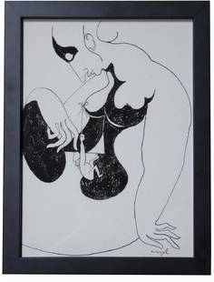 David Segel Pen and Ink Drawing: Prolific artist David Segel created work in oils, watercolor, bronze and wood sculptures and dramatic sketches. He was trained under Fernand Leger among others and has been collected by Stevie Nicks