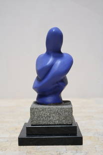 Royal Blue Sculpture on Stone and Marble Base: Figurative sculpture painted in a striking royal blue color mounted atop a stone and stepped marble base. Period: 1970s Condition: Excellent Measurements: Height: 9.5" Width: 5" Depth: 5" 