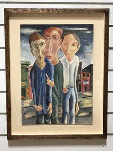 Three Men Gouache Painting by David Segel: Prolific artist David Segel created work in oils, watercolor, bronze and wood sculptures and dramatic sketches. He was trained under Fernand Leger among others and has been collected by Stevie Nicks