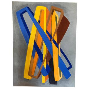 Orange and Blue Abstract on Grey by George Mullen: Acrylic on canvas from 1989 by artist George Mullen. Ribbons or even pathways, in shades of yellow and orange intersect with blue, seemingly suspended in space. A prolific artist formerly based in