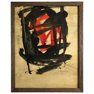 Small Abstract Painting on Board by Santamaria: Newly framed painting on board by Spanish artist Santamaria. Black and red stokes on a beige background. Painting appears to be on top of a poster board of some sort, as the reverse image of printed