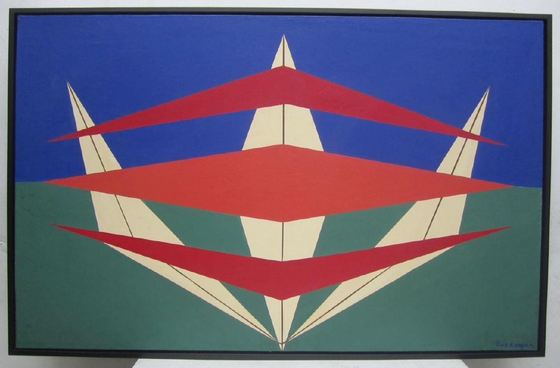 Eye-Catching Abstract by Herbert Busemann: Geometric oil on canvas by Herbert Busemann (1905-1994) with an eye-catching design in contrasting red, green, white, and blue. German-American Busemann was a renowned mathematician who pursued art as