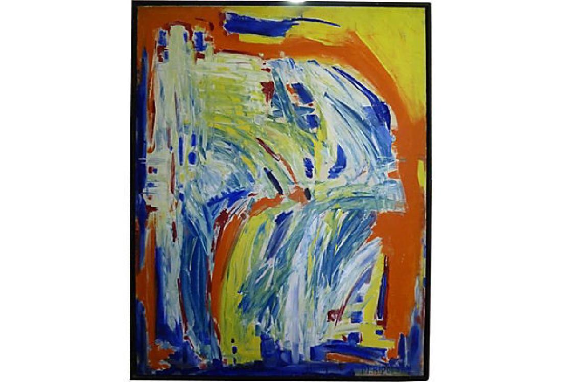 Colorful Abstract Painting by Bert Miripolsky: Abstract painting from the estate of Bert Miripolsky, 1953. American artist Miripolsky studied painting at the Art Institute of Chicago in the early 1940s and has exhibited throughout the world since