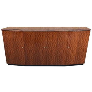 Henredon Tiger Koa Wood Credenza: Four-door credenza made of the incredible koa wood which is from Hawaii and has its original polyurethane varnish which is in perfect shape! The knobs are in brass. The inside features a shelf on