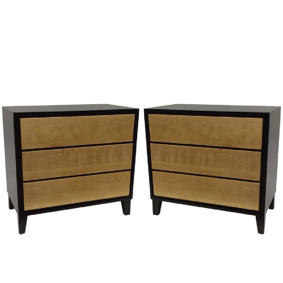 Pair of Russel Wright Two-Tone Chest of Drawers: This vintage 1950s designed dresser by Russel Wright for Conant Ball features three drawers made of solid maple and finished in natural and ebony finish. Russell Wright was an American industrial desi