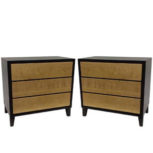 Pair of Russel Wright Two-Tone Chest of Drawers: This vintage 1950s designed dresser by Russel Wright for Conant Ball features three drawers made of solid maple and finished in natural and ebony finish. Russell Wright was an American industrial