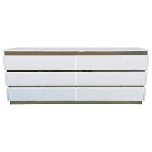 White Lacquer & Brass 6 Drawer Dresser by Rougier: Impressive six-drawer dresser featuring a glossy, highly reflective white lacquer top and drawers which are complemented by glossy brass band between the drawers and on the base. Original