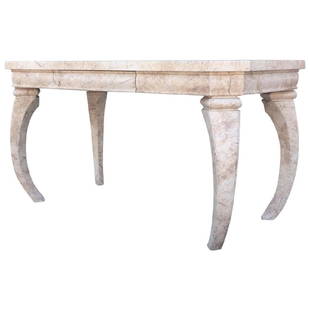 Hollywood Regency Faux Marble Desk: This is a Hollywood regency faux marble desk with a single drawer and horned legs. Playing off Hellenic design, this heavy solid wood desk will add a playful Mediterranean feel to your design