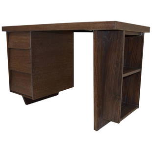 Small Desk by Morris of California: Charming little desk featuring a bookshelves on its side and 3 drawers. It is made of oak and has a cerused finish. Original Retail Price $2,700 Period 1950s Condition 