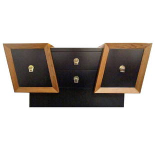 Unusual Diagonal Black Lacquer and Oak Credenza: Not only would you have an incredible place to store items you also have an earmark conversation piece. Note the stunning contrast between the diagonal shaped cabinets, the dark lacquer finish