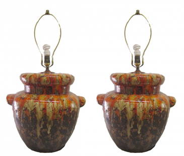 Ceramic & Orange Glaze Drip Lamps, Pair: *These are sold without shades.* This pair of ceramic table lamps features a unique finish of orange and cream dripped glaze. Without the shade, the lamps are 29" tall. The shades pictured here are a