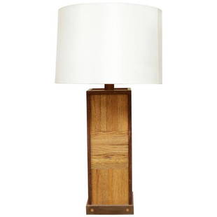 Walnut Parquet Table Lamp: Lamp is made of parquet walnut and has a cylindrical fabric shade. Measures: Height measures 35" with shade or 23" without. Height: 35.0" Width: 8.50" Depth: 8.50"