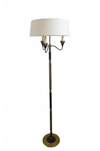 French Mid-Century Brass Floor Lamp (white shade): This three armed French floor lamp from the 1950s features two different finishes as the brass is black patinated in some areas. Height: 64" Diameter: 18"