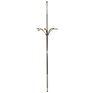 Mid-Century French Brass Tension Lamp: This rare, mid-century light fixture in the manner of Jacques Adnet features an expandable vertical tension rods which affix to the ceiling and a lower surface such as a table or the floor