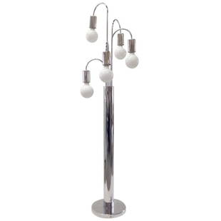 Waterfall Five-Arm Laurel Floor Lamp: This five-arm floor lamp has a very 1970s design rendered entirely in chrome. Five curved branches radiate from the central cylinder in a helix and each ends in an opaque white globe bulb. The lamp