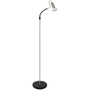 White Ron Rezek Adjustable Floor Lamp: This unique and modern piece by Ron Rezek consists of an adjustable neck, white lacquer stem and round black base. Black section of lamp is easily bendable - lamp reaches 60.50 inches tall when fully