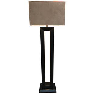 Architectural Floor Lamp in Black Lacquer: Geometric floor lamp in black lacquer. This lamp's beveled shape and see-through centre make for a very architectural or window like base. The geometrically patterned fabric on the shade gives the