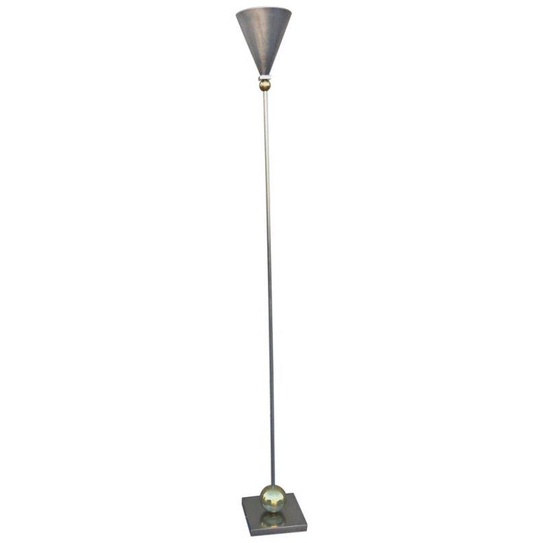 Mixed-Metals Robert Sonneman Torchiere for Kovacs: Post-modern floor lamp or torchiere designed by Robert Sonneman for Kovacs. The stem sits on a brass ball floating on a chrome base on both the top and bottom. Aluminium shade and brushed steel base a