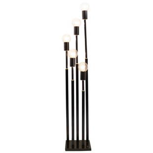 French Five-Stem Black Floor Lamp: This floor lamp features five black painted steel with brass rings on a square base. They end with a round clear bulb that you can replace by a frosted one. Height: 37" Width: 10" Depth: 8"