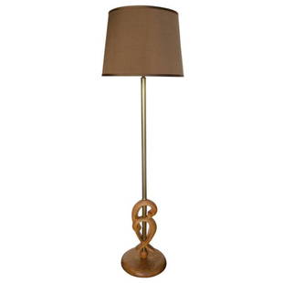 Russel Wright Floor Lamp: Floor lamp by mid-century designer Russel Wright. The brass stand is wrapped in an oak sculpture in the shape of waves. The base is also oak. The silk shade is a rich brown, almost chocolate color