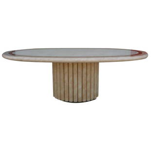 French Faux Marble Dining Table by J.C. Mahey: This luxurious large oval dining table was designed by J.C. Mahey, the french furniture and lighting designer. It has a seamless, smooth finish and the table top features three rings of the