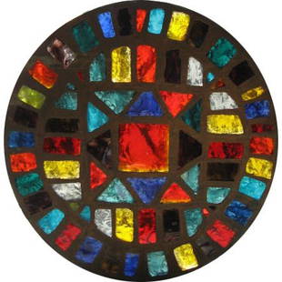 French Mid-Century Stained-Glass Window: Salvaged stained glass window in a colorful sixties palette. Would add a beautiful pop of color to any architecture. It could also be hung like art pieces or be a table top. 29.25 in. W x 1.5 in. D