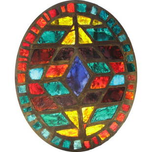 French Mid-Century Stained-Glass Window: Salvaged stained glass windows in a colorful sixties palette. Would add a beautiful pop of color to any architecture. It could also be hung like art pieces or be a table top.33.5in.H x 27in.W x 1in.D