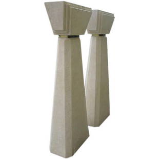 Dramatic Stucco Art Deco Style Torchiere Floor Lamps: These Art Deco style torchieres from the 1960s are rendered in plaster and feature brass banding around their collar. The dramatic floor lamps stand 5.5' high.