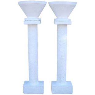 Pair of Mid-Century Concrete Pedestals with Planters: Pair of column pedestal planters with a painted texture from the 1980's. The planters have an egg shell colored paint applied over a rough concrete like material on the surface. The top planter part