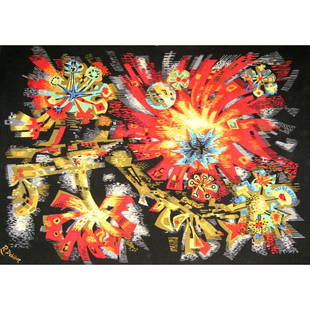 French Mid-Century Floral Tapestry By Robert Debieve: This hand-printed tapestry from France is entitled "Fleurs de soleil," and numbered 429/500. The mid-century modern textile is by Robert Debieve for Corot.44.5 in.H x 61 in.W x 1 in.D