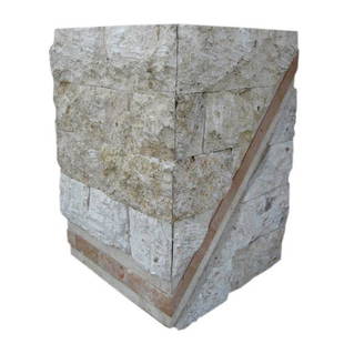 Modern Pedestal in Marble and Faux Stone: This classic pedestal is made of faux stone with slabs of white and rose Carrara marble running along the bottom and on the diagonal. 21.5 in.H x 16 in.W x 15 in.D