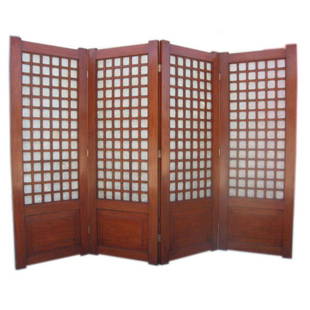 Mid-Century Four Panel Abalone and Mahogany Screen: Four panel screen with a mahogany frame and abalone. Height: 99.25" Depth: 1.50" Width: 96"