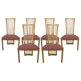 Italian Chairs by Pietro Costantini, Set of Six: Set of six Italian dining back chairs, inspired by Mackintosh. They have semi circular beige seats which are set upon maple wood frames along with two front legs. 18.5 in. H x 21.5 in. W x 18 in. D