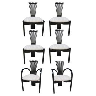 Totem Dining Chairs by Torstein Nilsen, Set of Six: This rare set of Totem dining chairs by Norwegian designer, Torstein Nilsen, includes two captain's chairs and four side chairs. These sculptural dining chairs are rendered in lacquered wood and