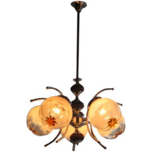 Italian 1970s Murano Glass and Chrome Chandelier: Italian chrome and wood patina chandelier with Murano glass shades.