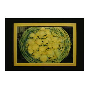 French Mid-Century Abstract Watercolor by Isis Lully: This watercolor on cardboard features a basket full of lemons. The painting is signed and dated "Isis Lully '69". Lully was born in 1936 in Switzerland but spent much of her working life in France.