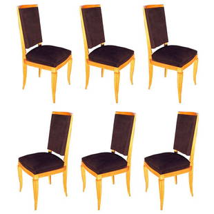 French 1940s Dining Chairs by Maurice Jallot: Very classy dining room chairs newly revarnished and recovered in thick and luxurious black upholstery.