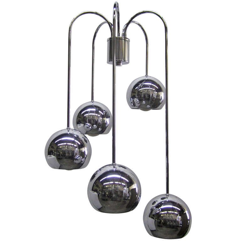 Five-Tier Chrome Pendant Lamp by Robert Sonneman: This hanging ceiling light from the 1970s features five polished chrome balls that arc from the center and spiral downwards.Height:27" (69 cm)Diameter:16" (41 cm)