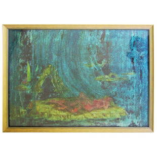 Atmospheric Watercolor by Isis Lully: This atmospheric watercolor by Isis Lily depicts a couple in repose partially concealed by intricate patterning. Lully (b. Switzerland 1936) has spent most of her successful career in Paris.The painti