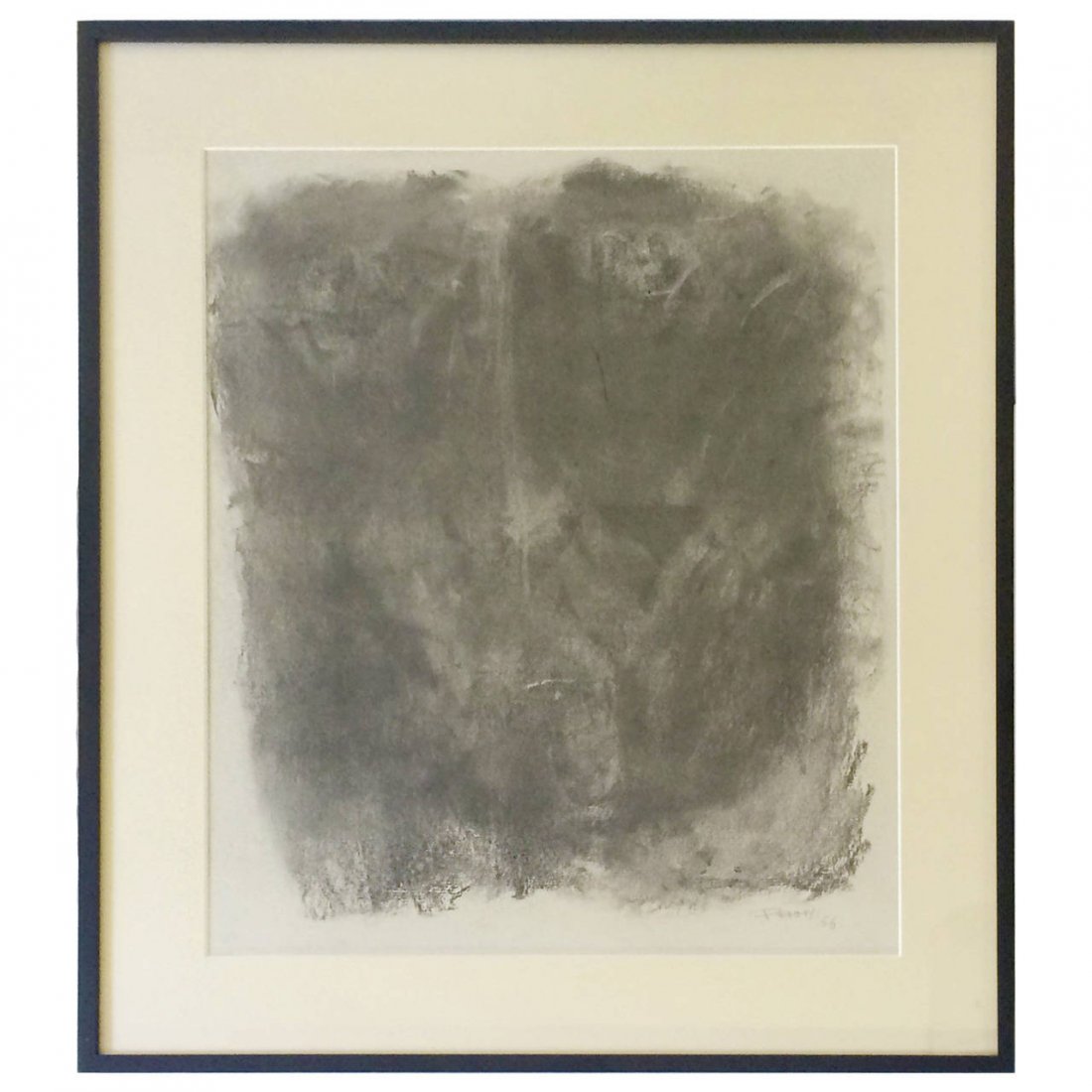 Charcoal Work by Aubrey Penny: Mysterious charcoal drawing by artist Aubrey Penny featuring a wash of intense charcoal strokes that create a face in the negative space. Work is signed in the lower right corner, "Penny 56." Listed A