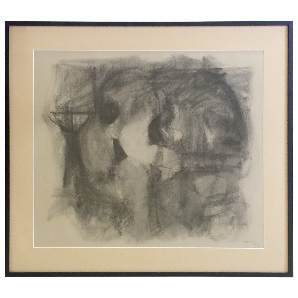 Enigma Drawing by Aubrey Penny, 1956: A deconstructed still life loosely rendered in charcoal on paper, signed lower right, "Penny 56." Listed American artist Aubrey John Robert Penny was born in Texas in 1917 and eventually moved to Sout