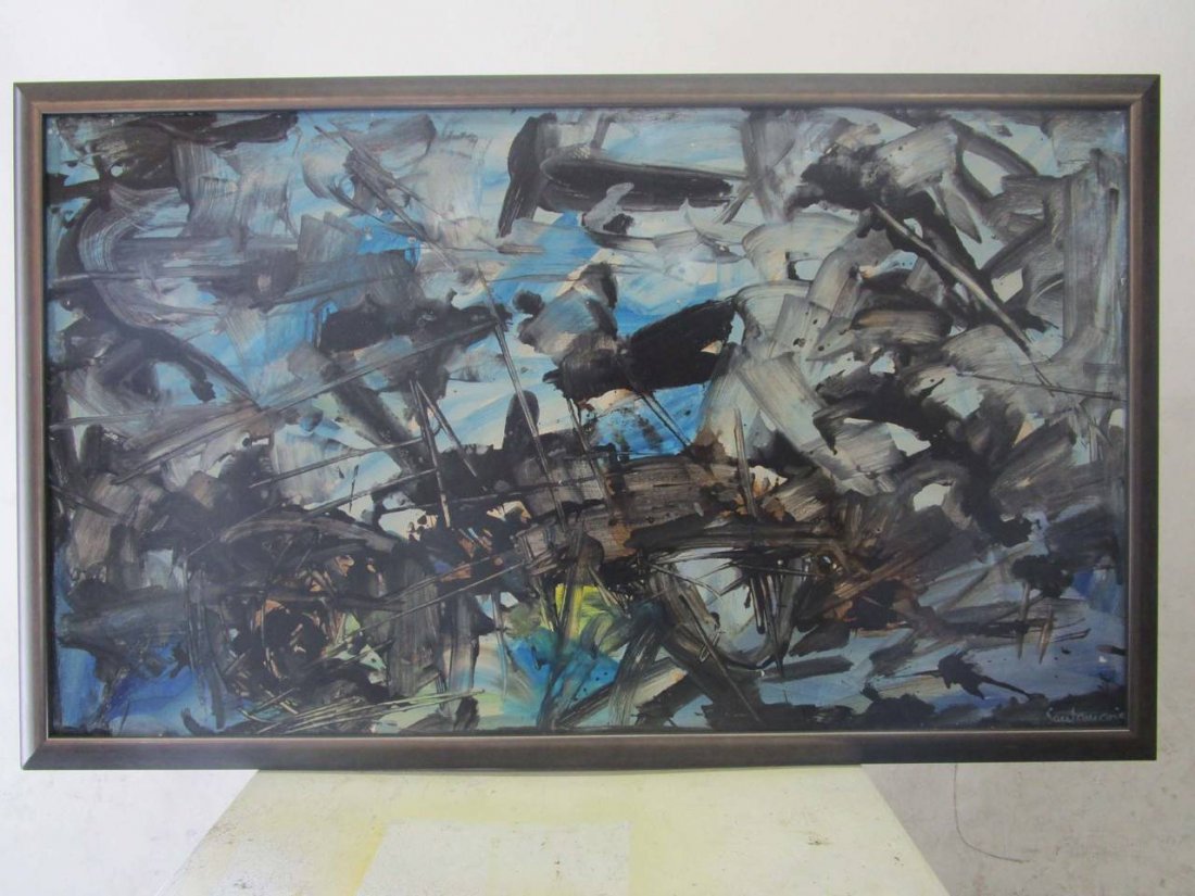 Abstract Oil Painting by Ricardo Santamaria: Ricardo Santamaria is a Spanish painter and sculptor who lived in France most of his life. This abstract oil and dynamic painting designed by Ricardo Santamaria has a deeper contrast mixing white, blu