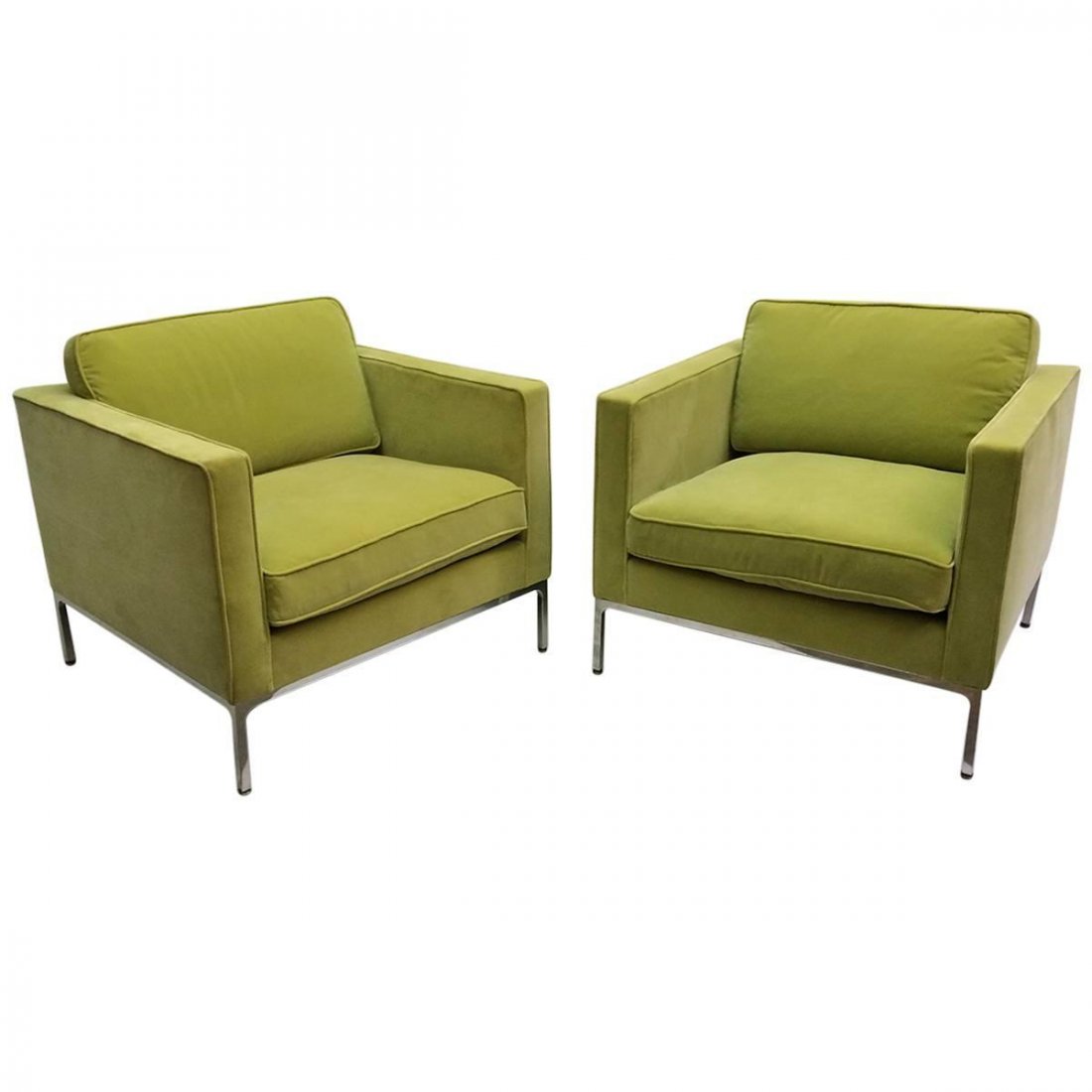Pair of Tuxedo Lounge Chairs by Florence Knoll: A pair of Mid-Century club chairs by Florence Knoll. Finished in lime green velours over a chromed base. Dimensions - 31 in.H x 32.5 in.W x 32 in.D