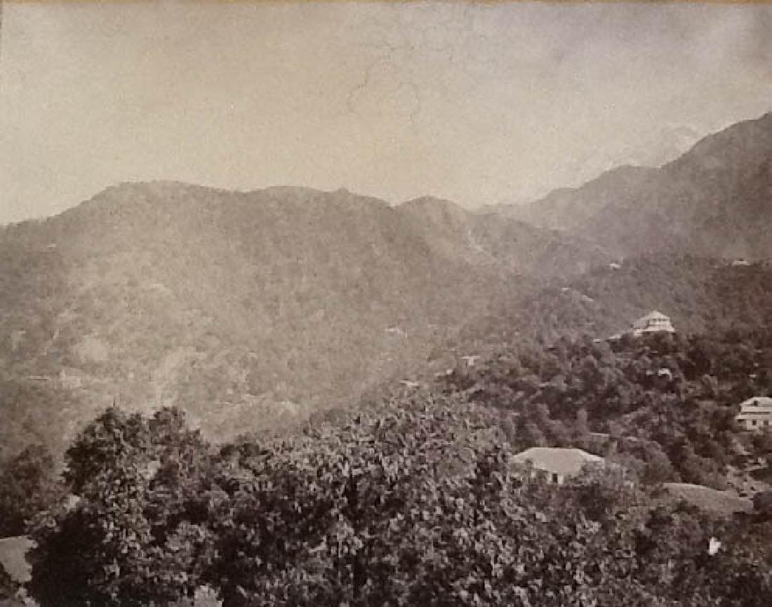 Dhurmsala - 2 part Panorama from Rajah of Kaputhulla's: 19th century Photograph of India by Samuel Bourne taken between 1864 and 1866. Individual photograph from a presentation album dated March 1868. Dhurmsala - 2 part Panorama from the Rajah of Kaputhull