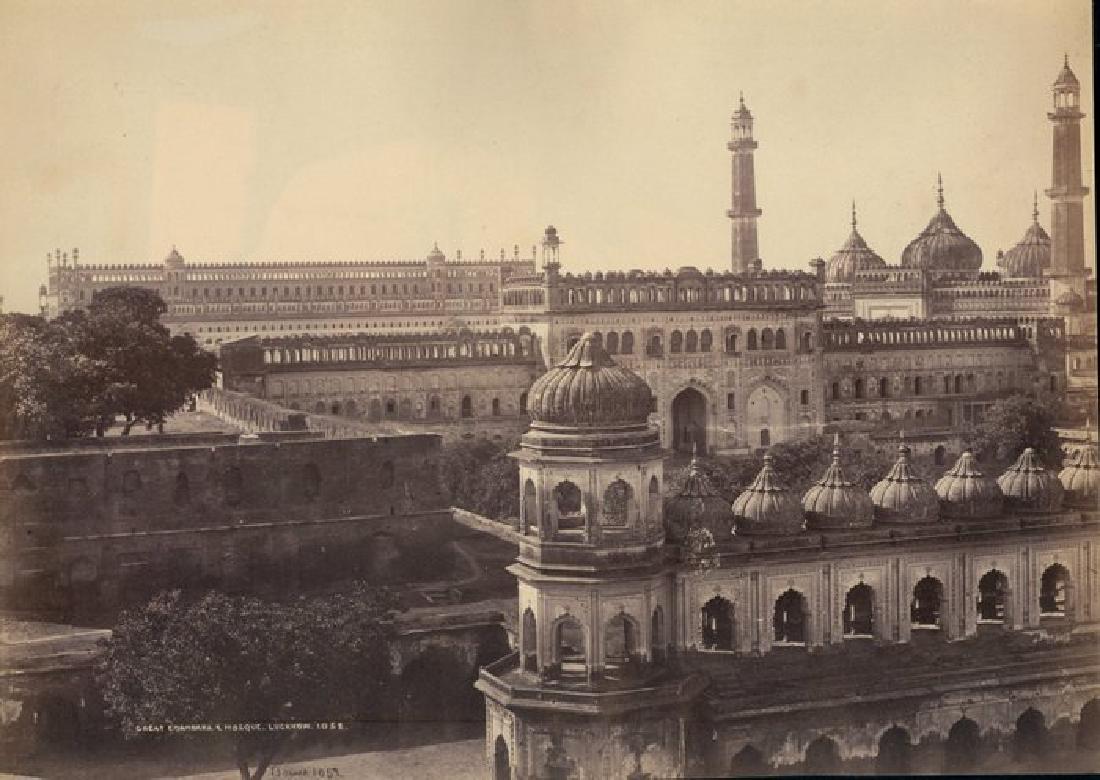 Lucknow - Great Emambara and Mosque. c1865: Lucknow - Great Emambara and Mosque. C1865. Very good contrast and tonality. Photographer: Samuel Bourne #1052. 8.25 x 11.25 in. Archival mat.