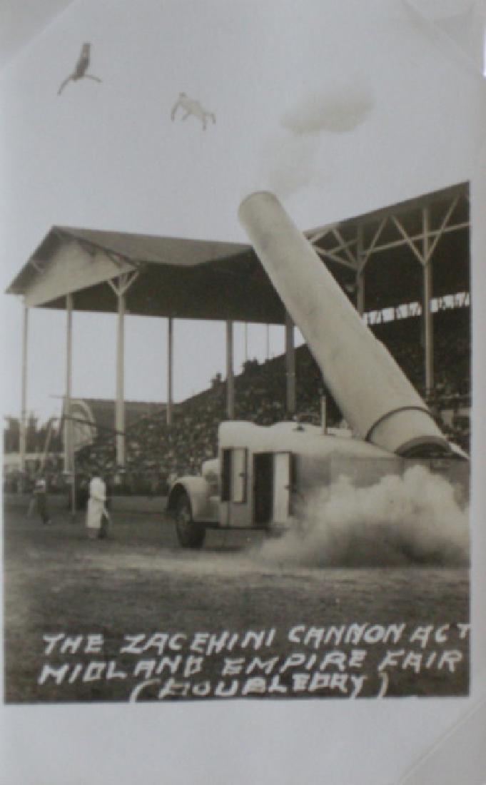 Zacchini Cannon Act. C1950: Zacchini Cannon Act. C1950. Edmondo Zacchini (1894Ð1981) and Hugo Zacchini (1898Ð1975) were circus entertainers and were known as the human cannon balls. Post card. Good contrast and tonality. Photo