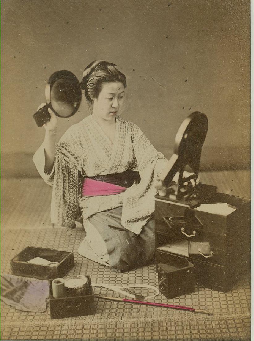 Geisha at her Mirror, Japan. c1890: Geisha at her Mirror, Japan. C1890. Good contrast and tonality. Photographer: Tamamura. 5.25 x 3.75 in. 13.34 x 9.52 cm